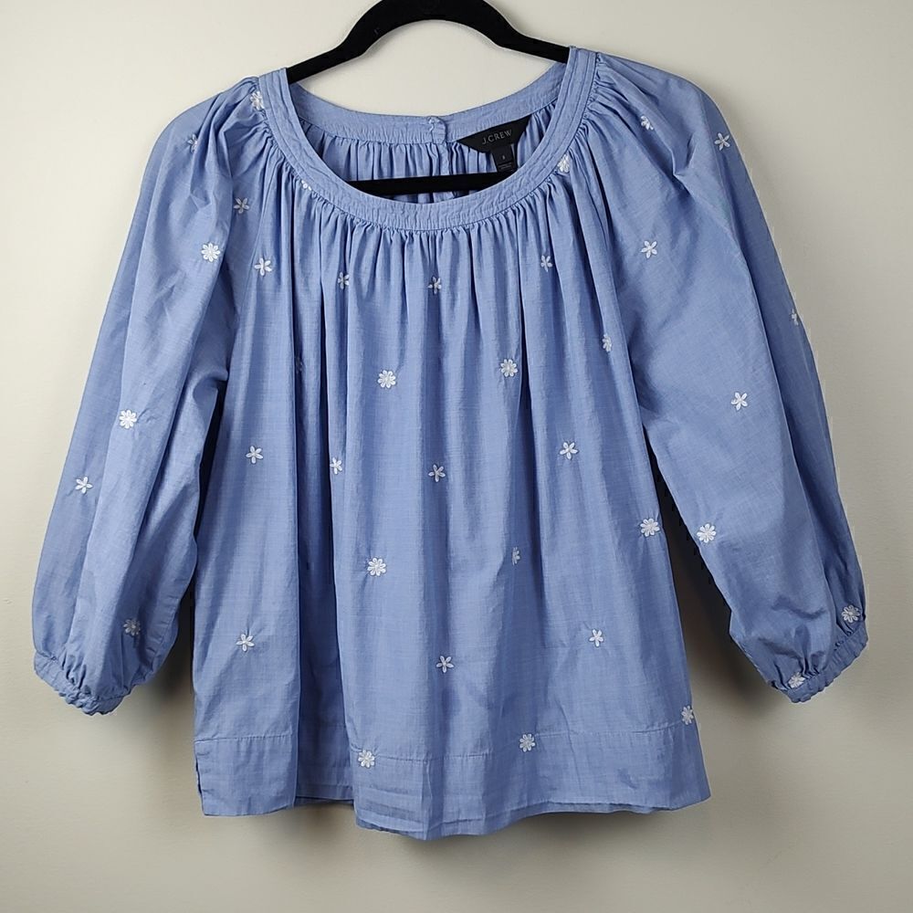 J. Crew The Perfect Embroidered Chambray Cotton Blouse Top Puff Sleeves Size S